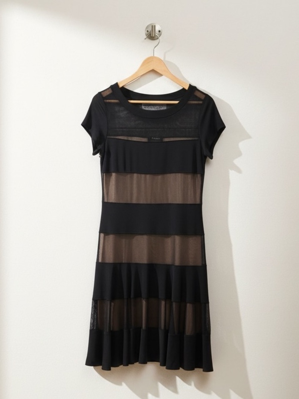 Bali Black Mesh Illusion Stripe Dress - Size 10 - Stretchy LBD